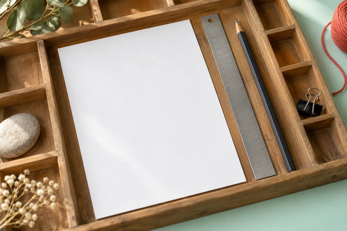 Leeres Papier liegt mit Lineal, Bleistift und Klammer in einem Holzfach.